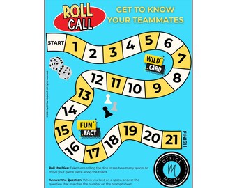 Könnte beinhalten: Ein blaues und gelbes Spielbrett mit dem Titel "Roll Call" und "Get to Know Your Teammates". Das Brett hat eine Spielfigur, Würfel und ein Wild Card Feld. Das Spielbrett ist für Teambuilding-Aktivitäten konzipiert.