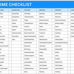 May include: A blue and white checklist titled "NEW HOME CHECKLIST" with itemized lists for kitchen, living room, dining room, bathroom, bedrooms, and laundry room. Includes items like refrigerator, sofa, and laundry detergent.