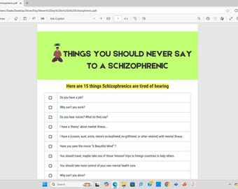 May include: A document titled "Things You Should Never Say to a Schizophrenic" with a green header and a list of phrases. The document includes a cartoon figure and a list of statements.