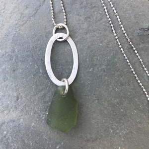 Peridot Green Sea Glass Necklace with Sterling Silver Oval Piece and Beaded Chain image 1