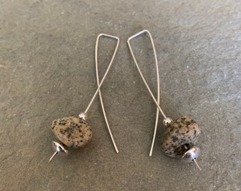 Granite Beach Stone Crossover Earrings, beach stone jewelry, beach find, river rock, pebble, stone, drilled stone, natural stone