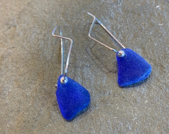 Blue Sea Glass and Sterling Silver Zig Zag Dangle Earrings