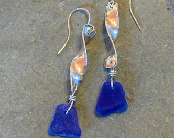 Blue Sea Glass and Sterling Silver Swirl Dangle Earrings