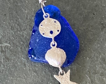 Cobalt Sea Glass with Sterling Shells and Sterling Silver Chain