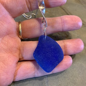 Cobalt Sea Glass with Sterling Silver Swirl Bail and Sterling Silver Box Chain image 8