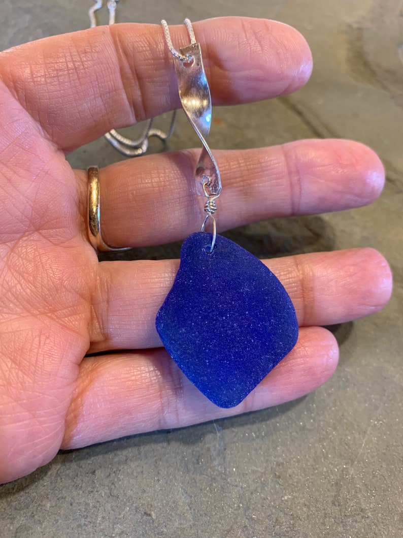 Cobalt Sea Glass with Sterling Silver Swirl Bail and Sterling Silver Box Chain image 8