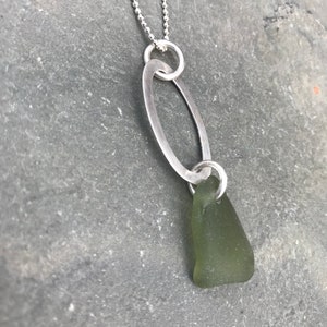 Peridot Green Sea Glass Necklace with Sterling Silver Oval Piece and Beaded Chain image 5