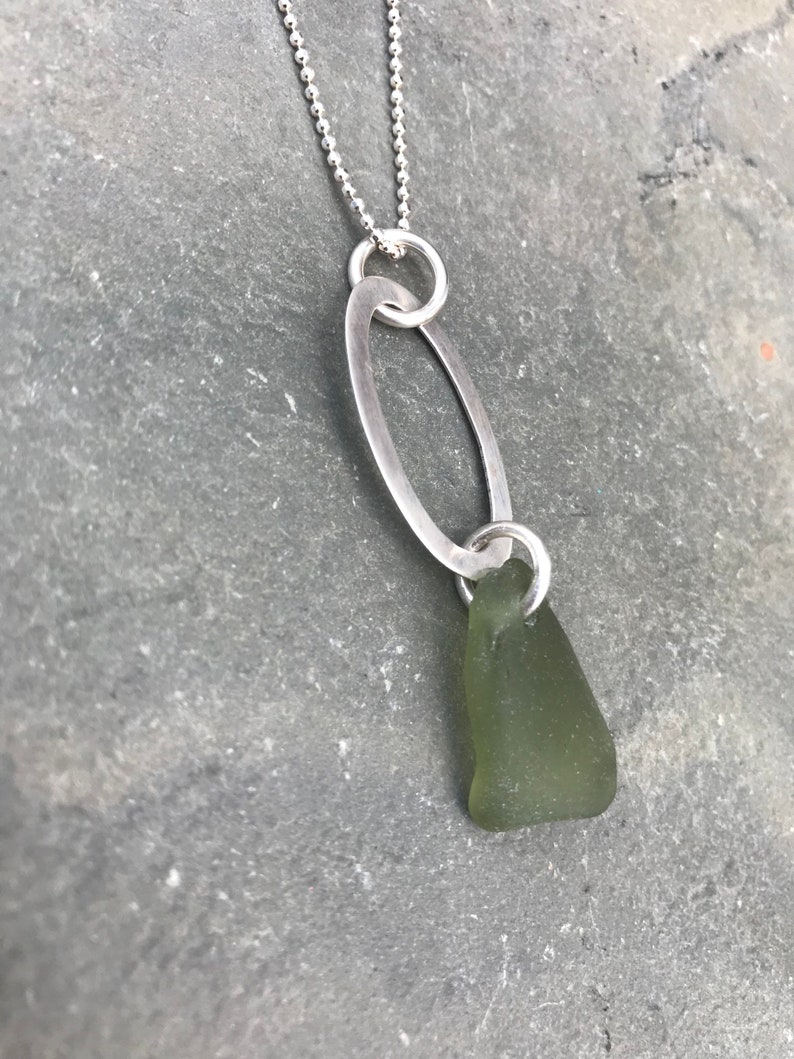 Peridot Green Sea Glass Necklace with Sterling Silver Oval Piece and Beaded Chain image 5