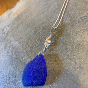 Cobalt Sea Glass with Sterling Silver Swirl Bail and Sterling Silver Box Chain image 3