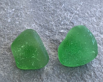 Emerald Green Sea Glass Stud Post Earrings with Sterling Silver Backs