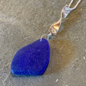 Cobalt Sea Glass with Sterling Silver Swirl Bail and Sterling Silver Box Chain image 2