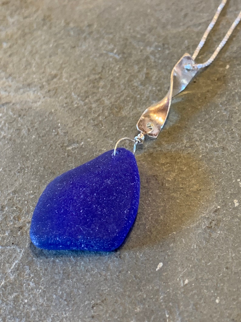 Cobalt Sea Glass with Sterling Silver Swirl Bail and Sterling Silver Box Chain image 2