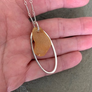 Honey Sea Glass Necklace with Sterling Silver Link Chain and Oval Charm image 7