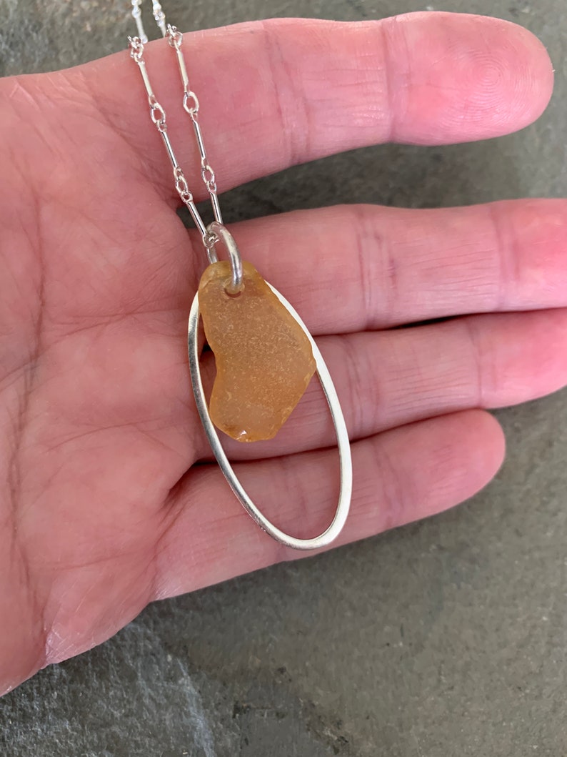 Honey Sea Glass Necklace with Sterling Silver Link Chain and Oval Charm image 7