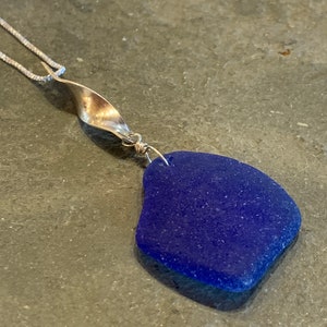 Cobalt Sea Glass with Sterling Silver Swirl Bail and Sterling Silver Box Chain image 6