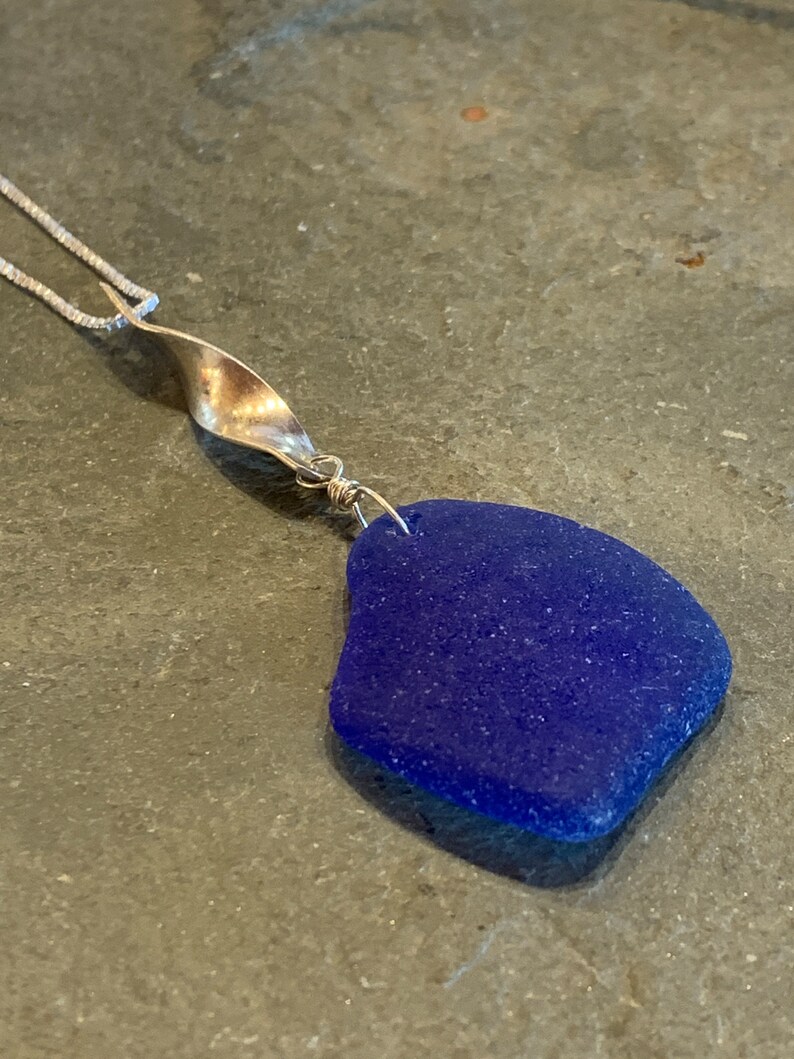 Cobalt Sea Glass with Sterling Silver Swirl Bail and Sterling Silver Box Chain image 6