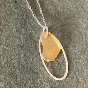 Honey Sea Glass Necklace with Sterling Silver Link Chain and Oval Charm image 1