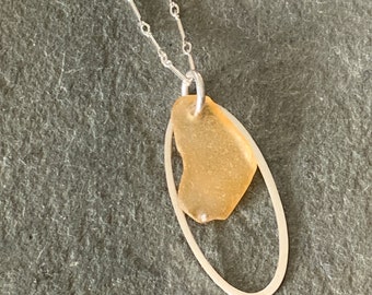 Honey Sea Glass Necklace with Sterling Silver Link Chain and Oval Charm