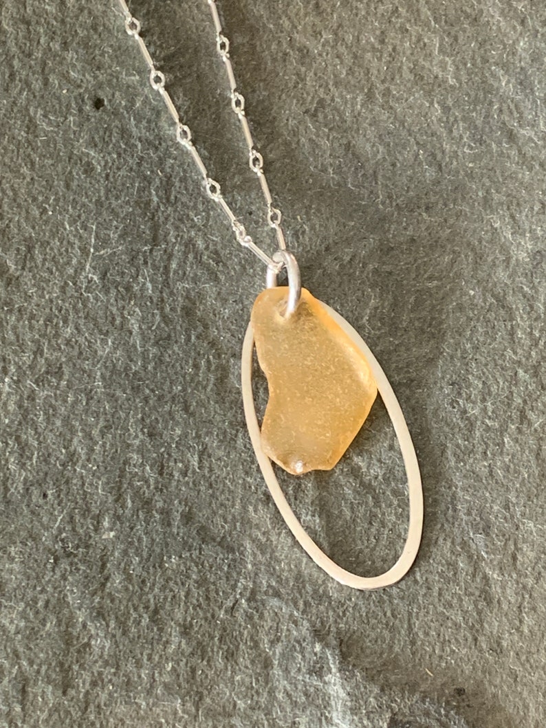 Honey Sea Glass Necklace with Sterling Silver Link Chain and Oval Charm image 1