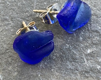 Cobalt Blue Sea Glass Stud Post Earrings with Sterling Silver Backs