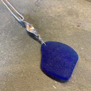 Cobalt Sea Glass with Sterling Silver Swirl Bail and Sterling Silver Box Chain image 5