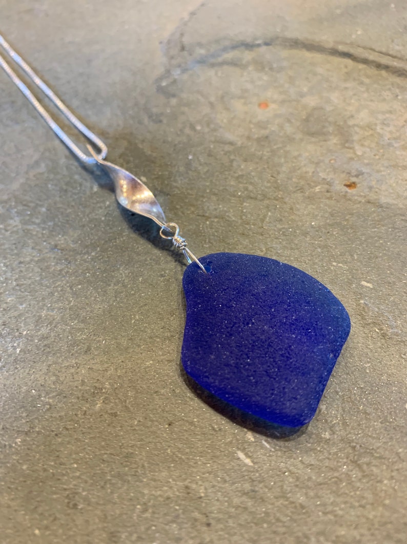 Cobalt Sea Glass with Sterling Silver Swirl Bail and Sterling Silver Box Chain image 5