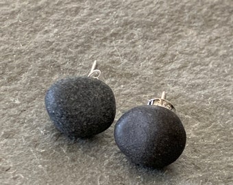 Beach Stone Stud Earrings with Sterling Silver Posts, basalt beach stone earrings, rock stud earrings, pebble stud earrings, basalt studs