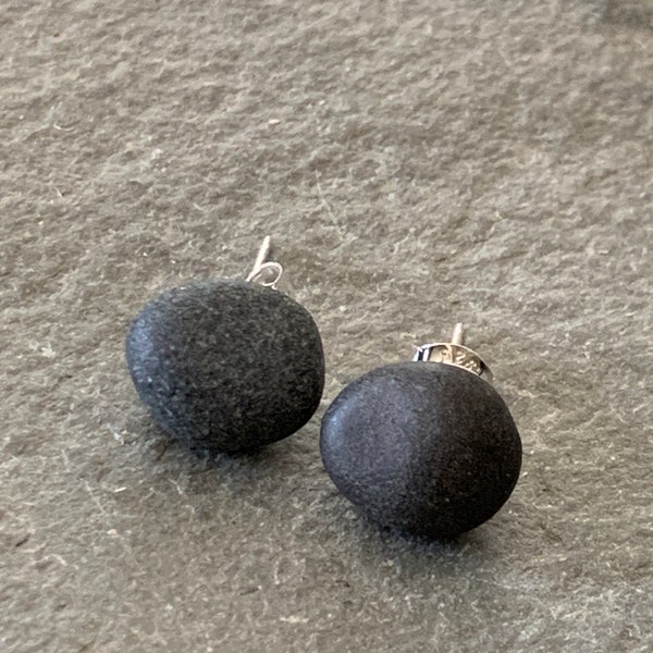 Beach Stone Stud Earrings with Sterling Silver Posts, basalt beach stone earrings, rock stud earrings, pebble stud earrings, basalt studs