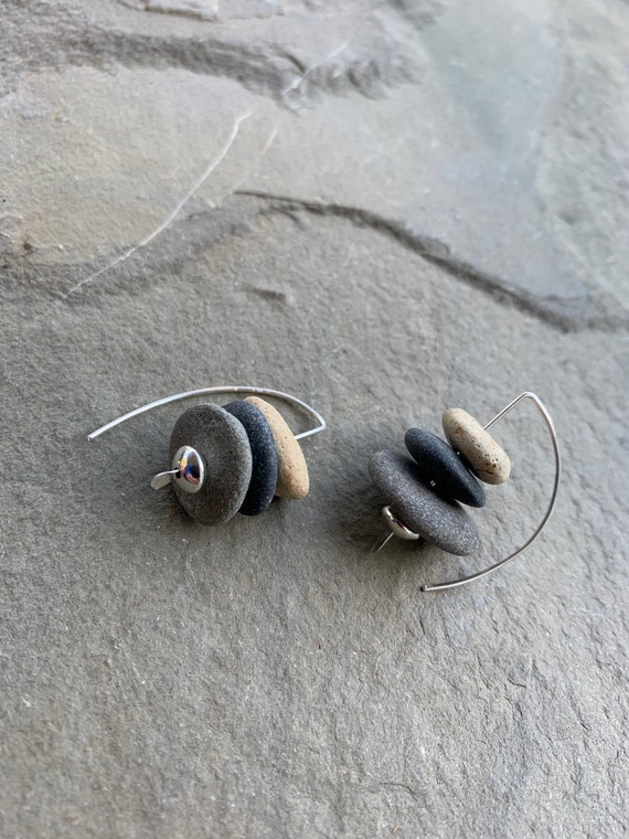 Beach Stone Cairn and Hammered Sterling Earrings