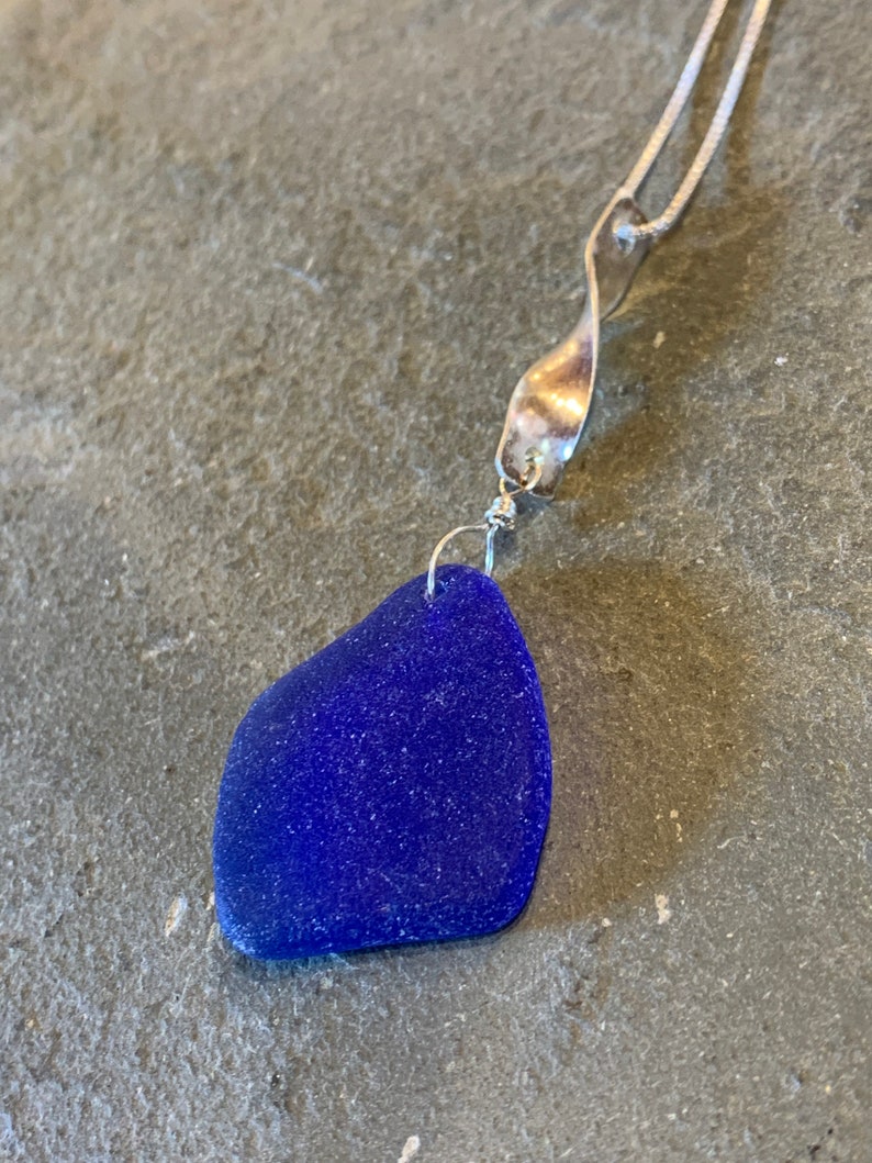 Cobalt Sea Glass with Sterling Silver Swirl Bail and Sterling Silver Box Chain image 7