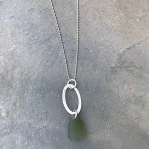 Peridot Green Sea Glass Necklace with Sterling Silver Oval Piece and Beaded Chain image 4