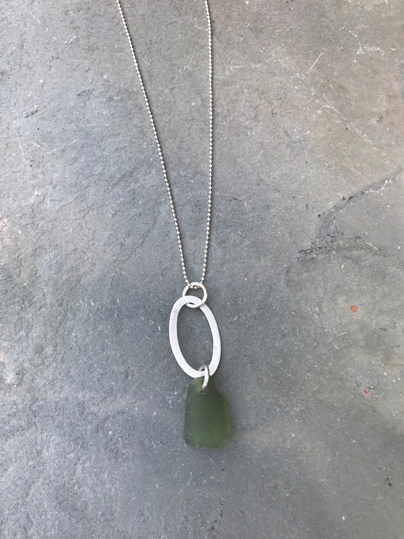 Peridot Green Sea Glass Necklace with Sterling Silver Oval Piece and Beaded Chain image 4