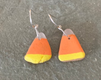 Candy Corn Sea Glass Earrings with Sterling Silver Ear Wires, Halloween earrings