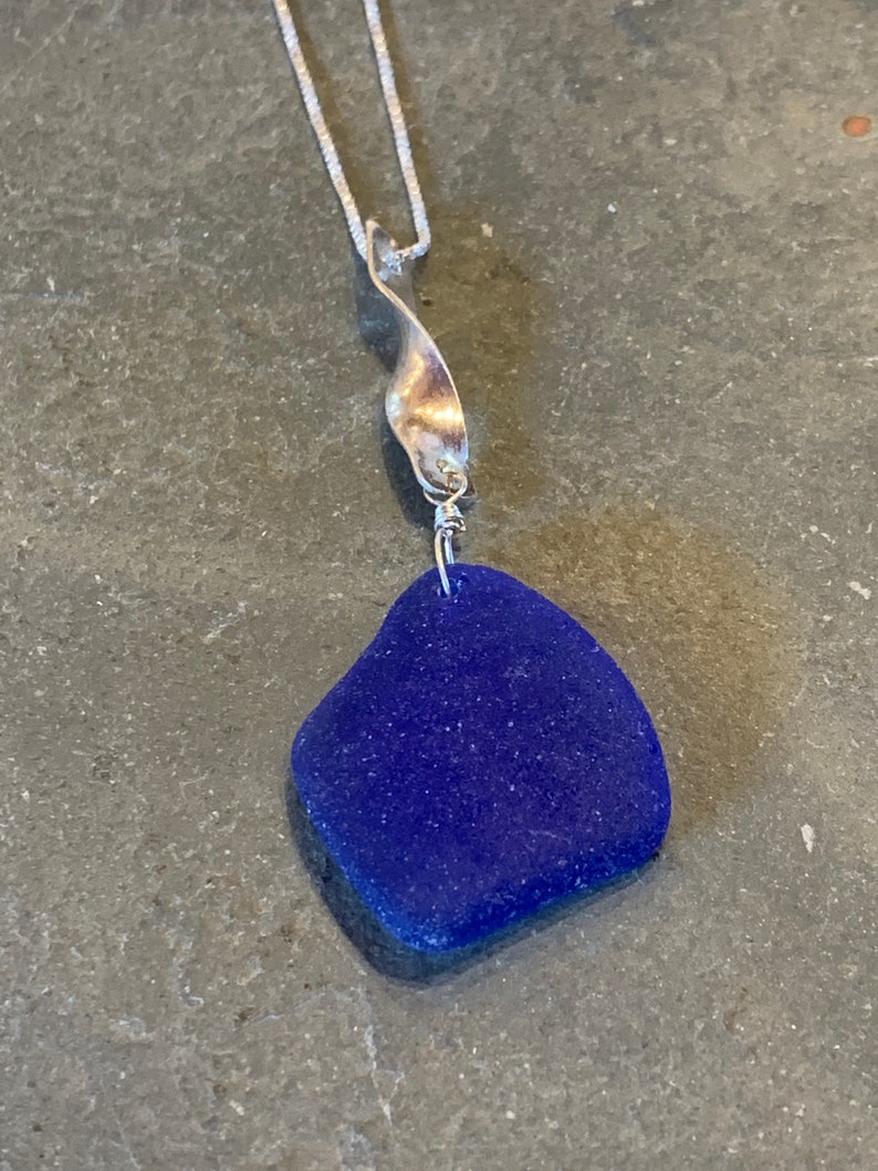 Cobalt Sea Glass with Sterling Silver Swirl Bail and Sterling Silver Box Chain image 4