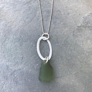 Peridot Green Sea Glass Necklace with Sterling Silver Oval Piece and Beaded Chain image 6