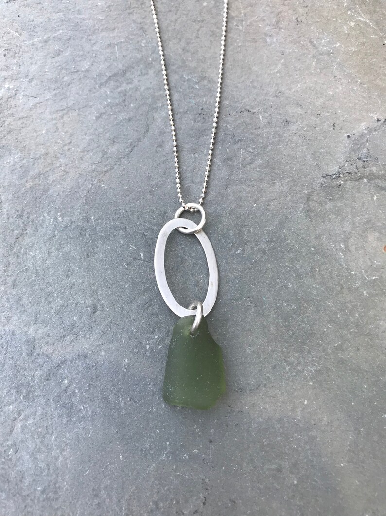 Peridot Green Sea Glass Necklace with Sterling Silver Oval Piece and Beaded Chain image 6