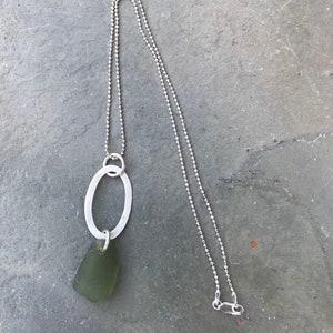 Peridot Green Sea Glass Necklace with Sterling Silver Oval Piece and Beaded Chain image 3