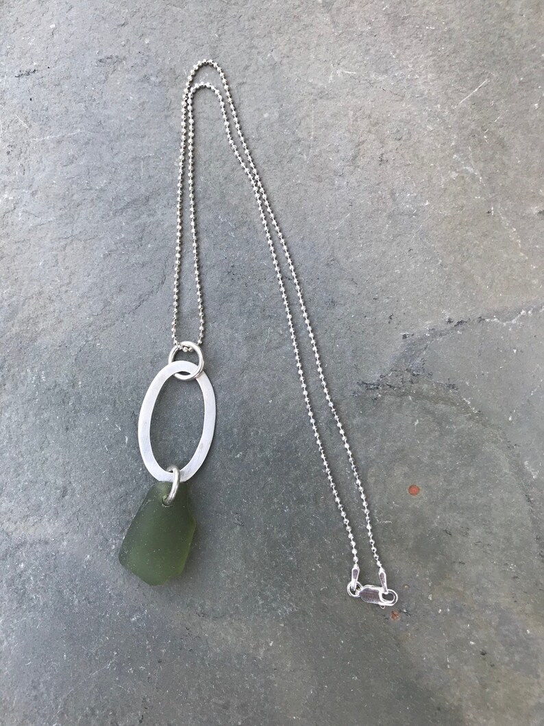 Peridot Green Sea Glass Necklace with Sterling Silver Oval Piece and Beaded Chain image 3