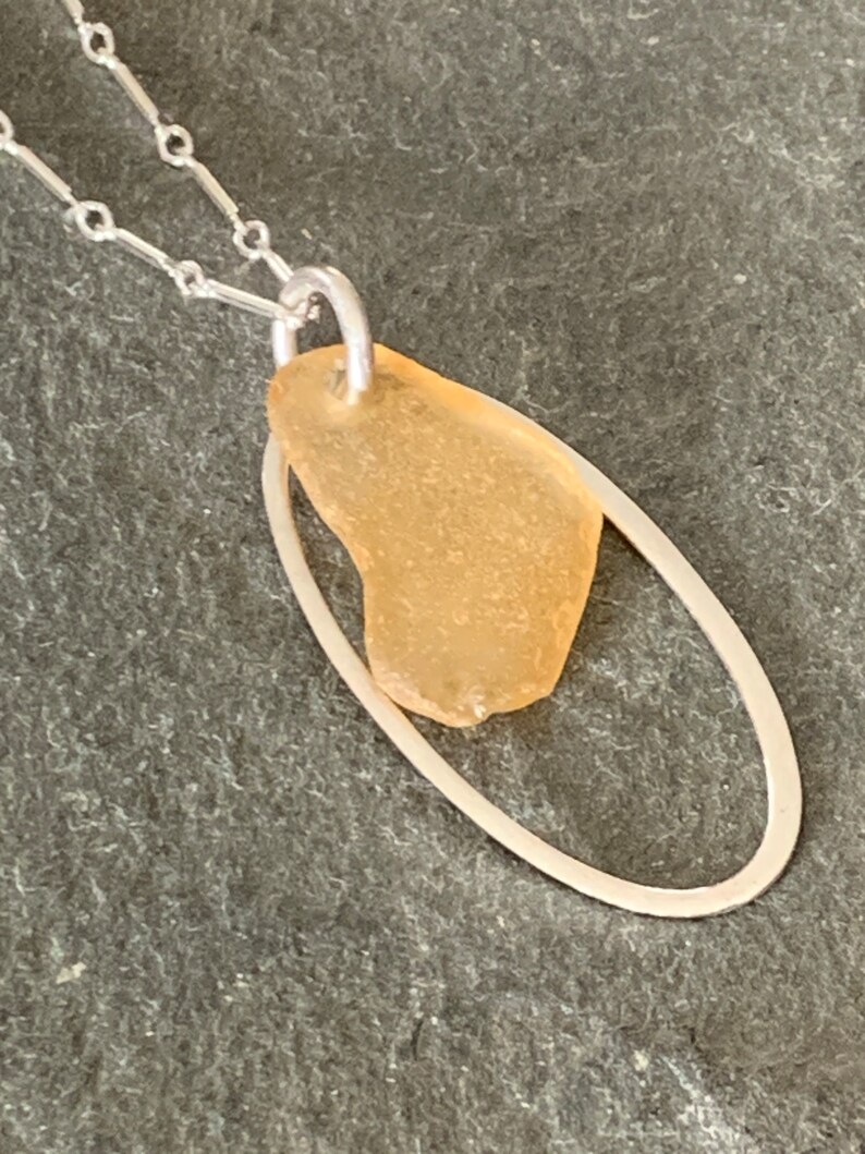 Honey Sea Glass Necklace with Sterling Silver Link Chain and Oval Charm image 5