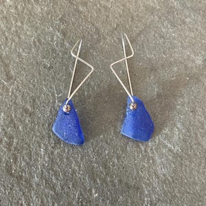 Blue Sea Glass and Sterling Silver Zig Zag Dangle Earrings