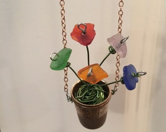 Sea Glass Flower Pot Necklace, sea glass thimble flower pot necklace, assorted colored sea glass necklace, vintage thimble necklace