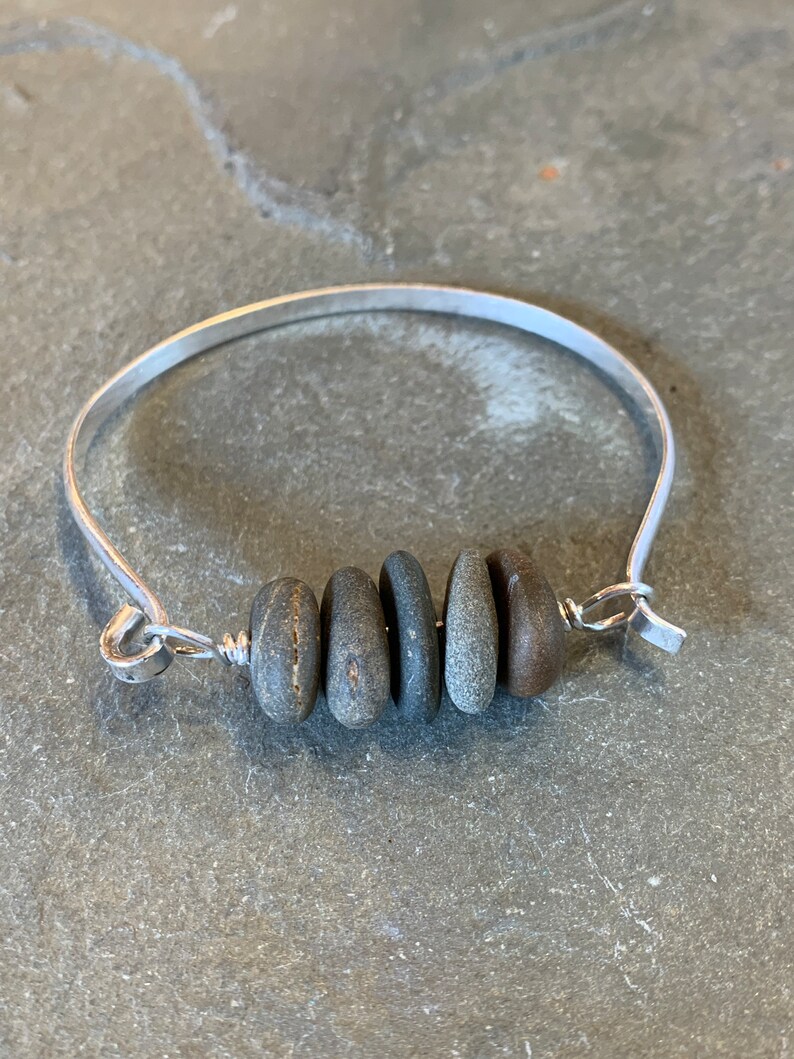 Beach Stone Bracelet, granite, basalt, drilled stone, pebble, river rock, cuff, multi-stone, sterling silver bracelet, summer, sea, ocean image 9
