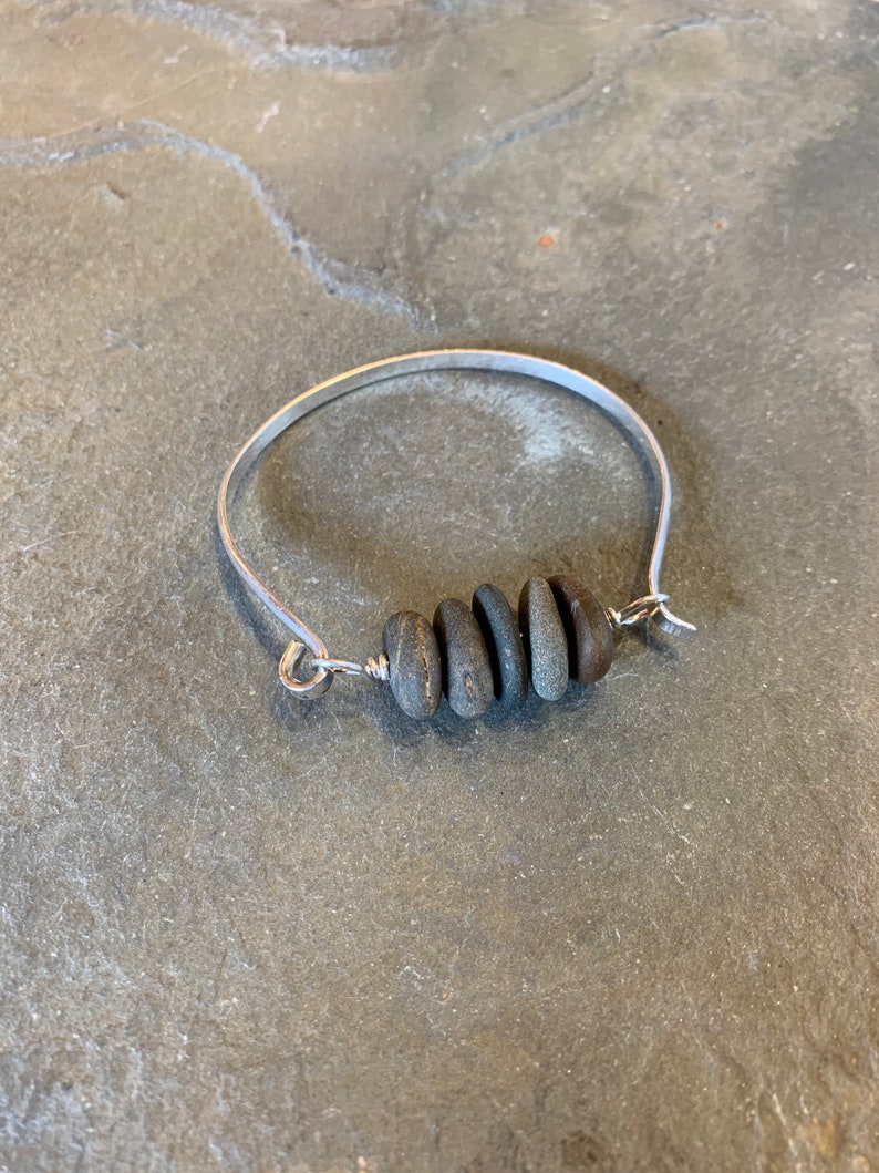 Beach Stone Bracelet, granite, basalt, drilled stone, pebble, river rock, cuff, multi-stone, sterling silver bracelet, summer, sea, ocean image 2