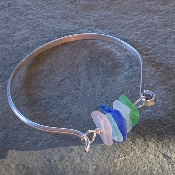 Sea Glass Bracelet with dark green, light green, cobalt, and pink sea glass