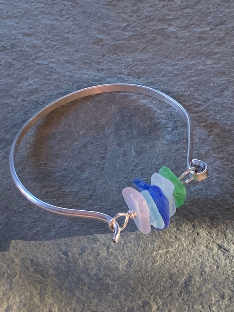 Sea Glass Bracelet with dark green, light green, cobalt, and pink sea glass image 1