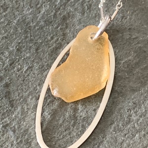 Honey Sea Glass Necklace with Sterling Silver Link Chain and Oval Charm image 2