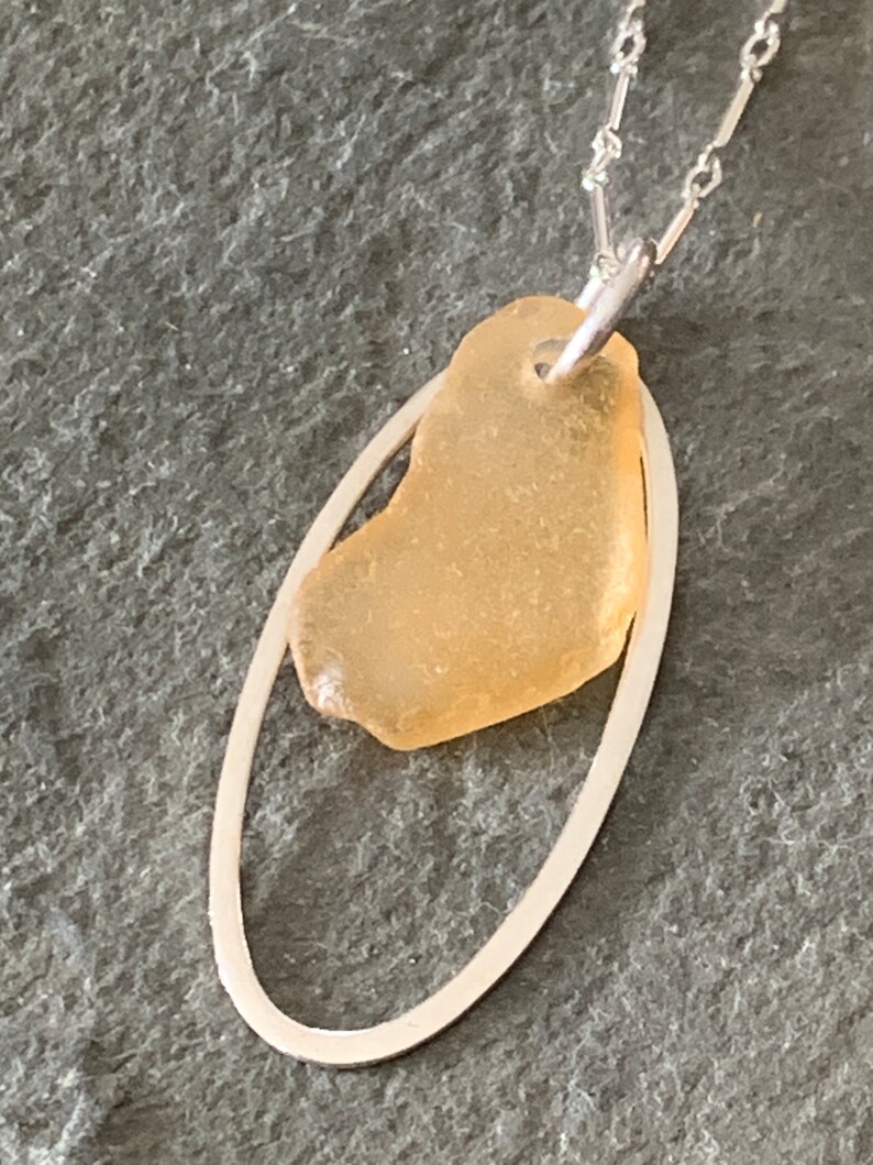 Honey Sea Glass Necklace with Sterling Silver Link Chain and Oval Charm image 2