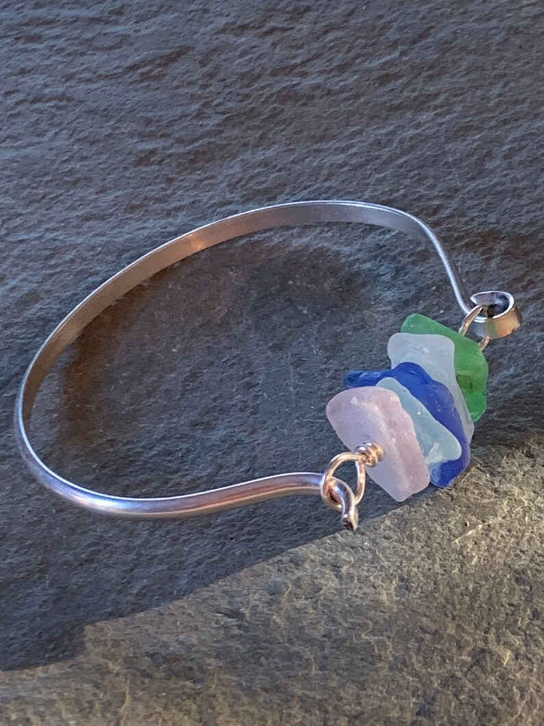 Sea Glass Bracelet with dark green, light green, cobalt, and pink sea glass image 7