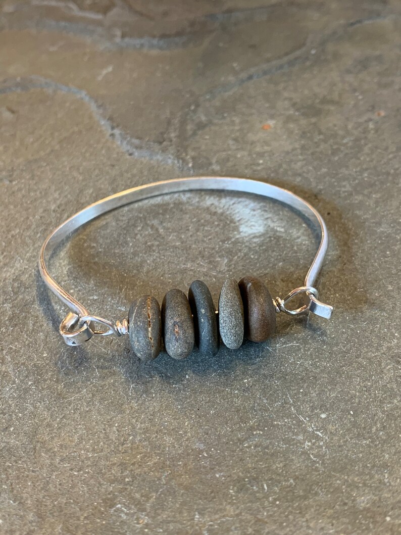 Beach Stone Bracelet, granite, basalt, drilled stone, pebble, river rock, cuff, multi-stone, sterling silver bracelet, summer, sea, ocean image 3