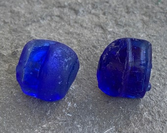 Cobalt Blue Sea Glass Stud Post Earrings with Sterling Silver Backs